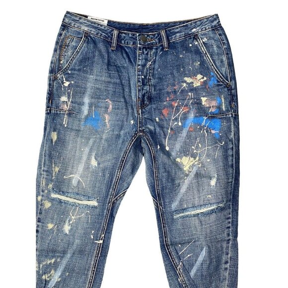 Man X One Teaspoon Men Blue Suede Mr Browns Paint Splattered Distressed Jeans 31 - Picture 3 of 10